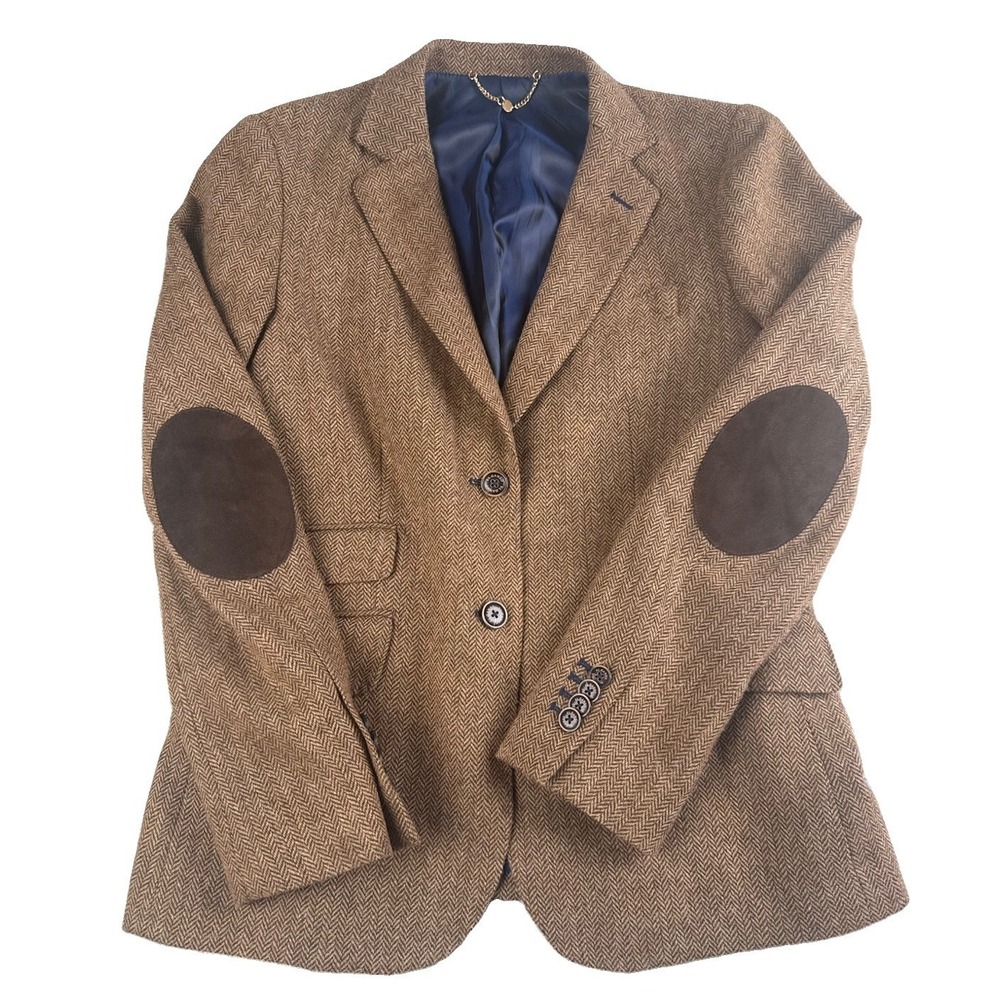 El Ganso Herringbone Blazer Sport Coat Brown Elbow Patch Wool Blend EU 40 UK 12